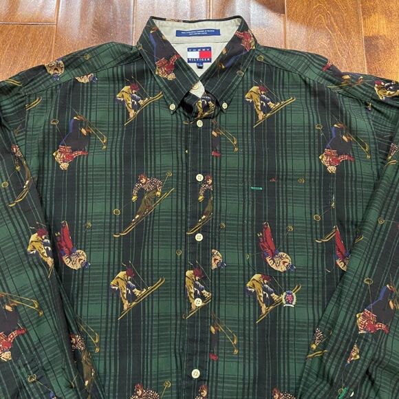Tommy Hilfiger Vintage Y2K AOP Ski Hunter Green Button Front Shirt Men's XL - Picture 2 of 9